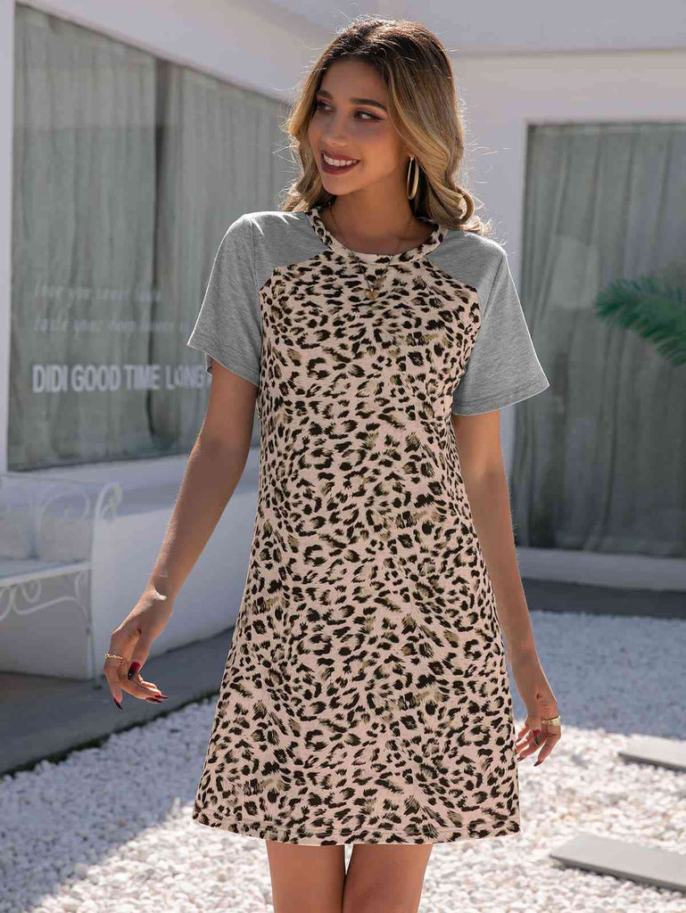 Leopard Round Neck Short Sleeve Mini Dress