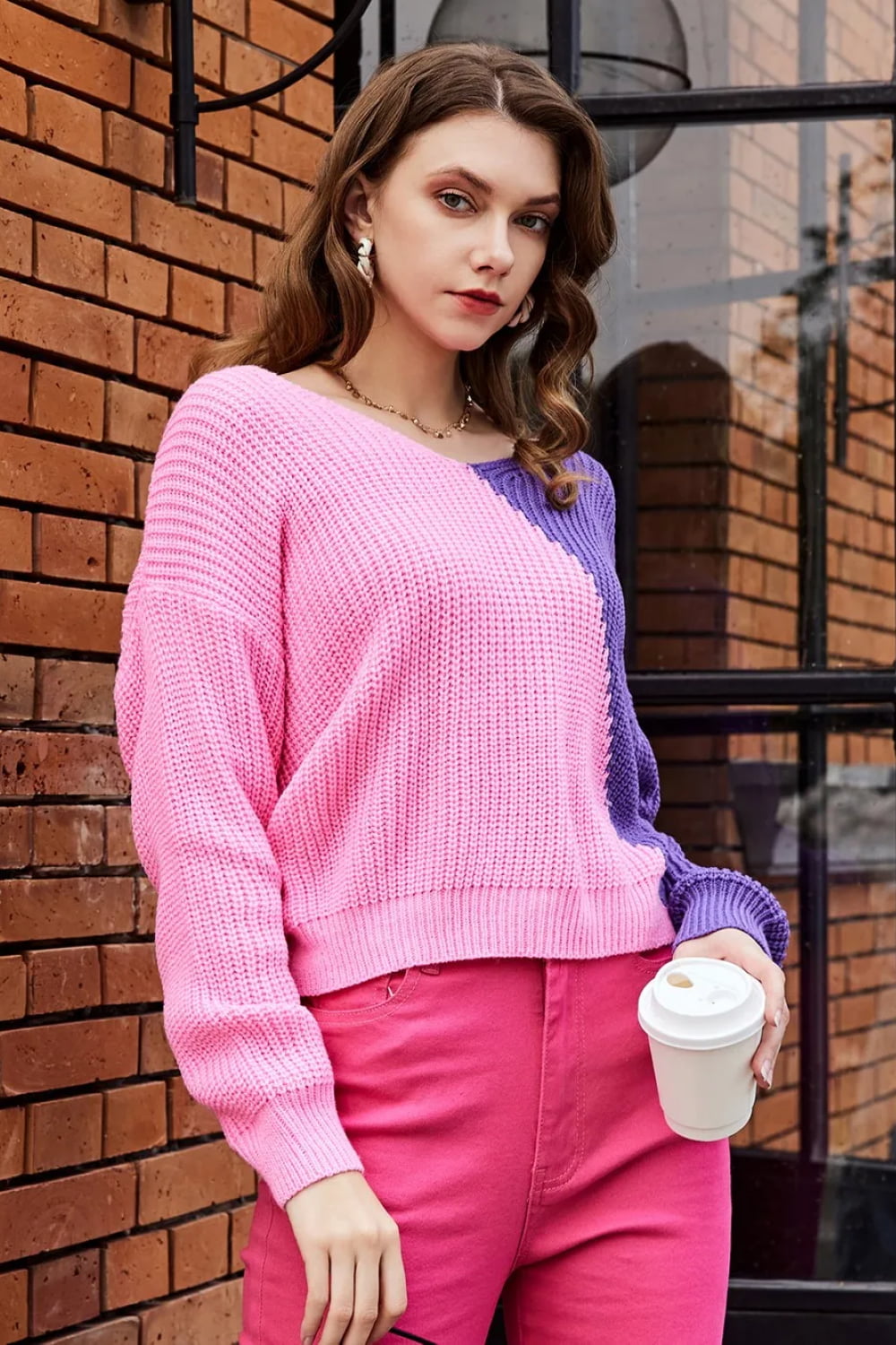 Double Take Multicolored Rib-Knit V-Neck Knit Pullover
