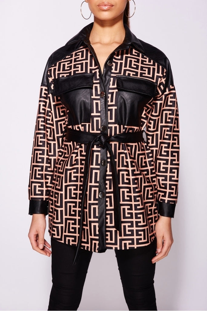 Beige Black Contrast Faux Leather Check Belted Shirt