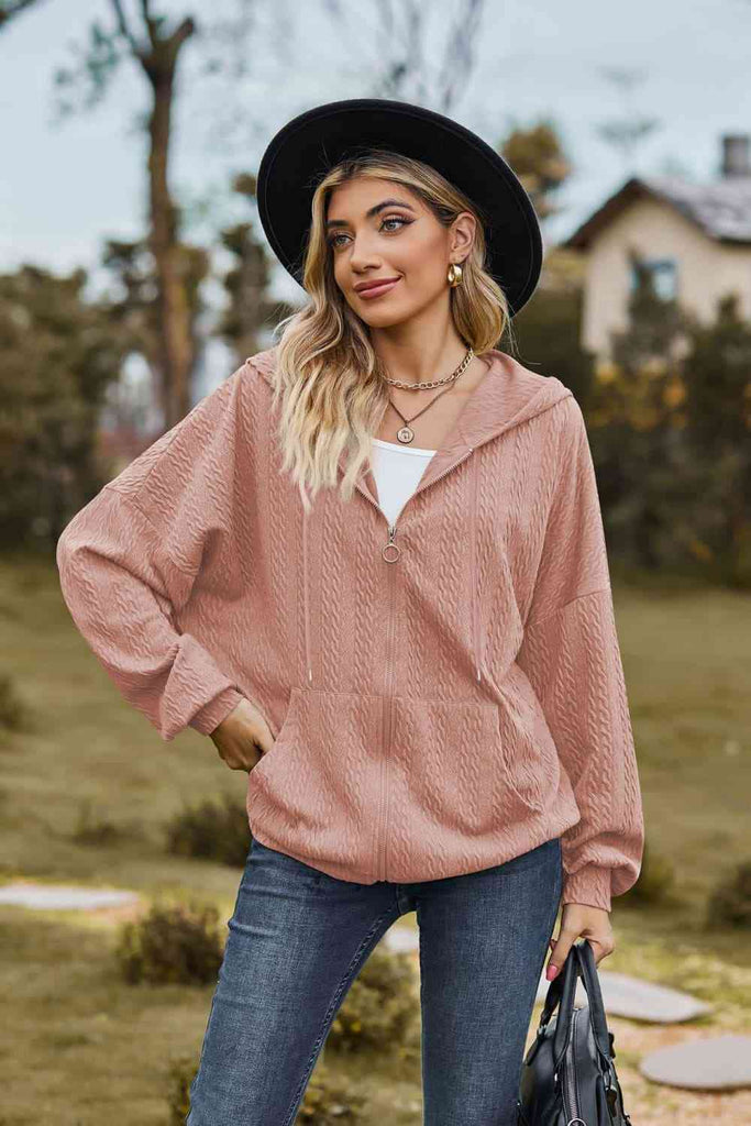 Cable-Knit Long Sleeve Hooded Jacket