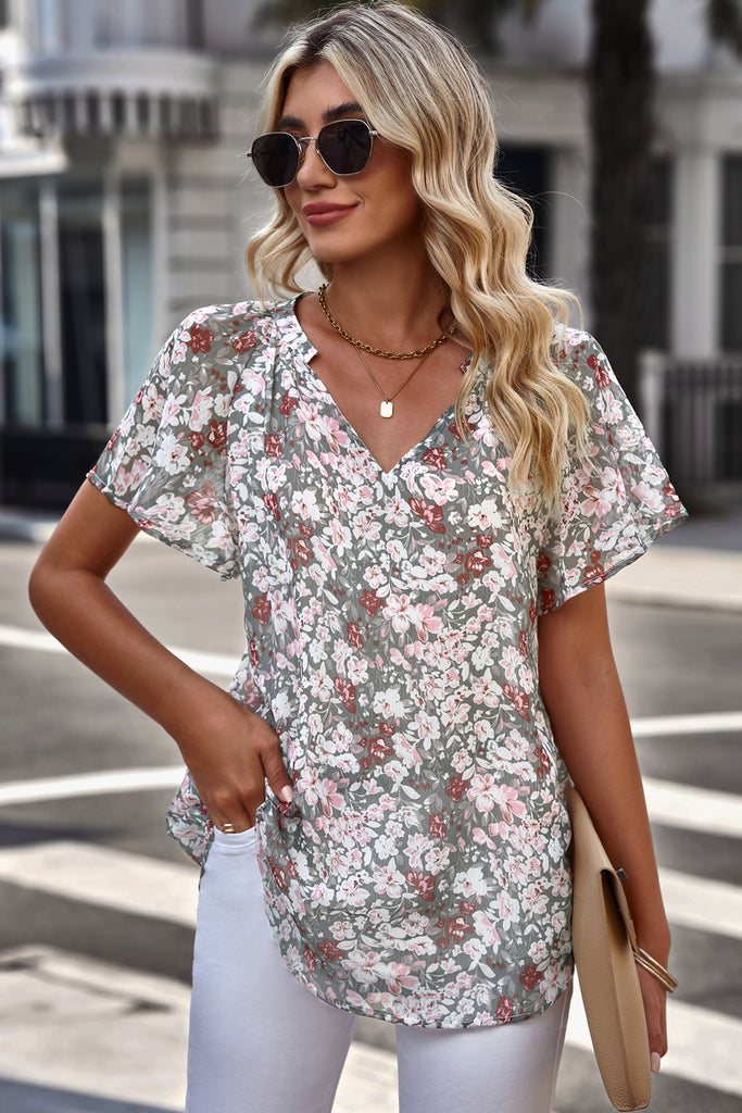 Floral Notched Neck Flutter Sleeve Blouse