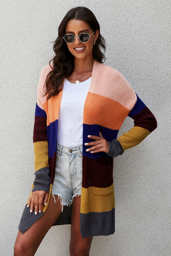 Color Block Open Front Knit Cardigan