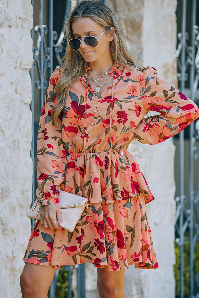 Floral Buttoned Puff Sleeve Layered Mini Dress