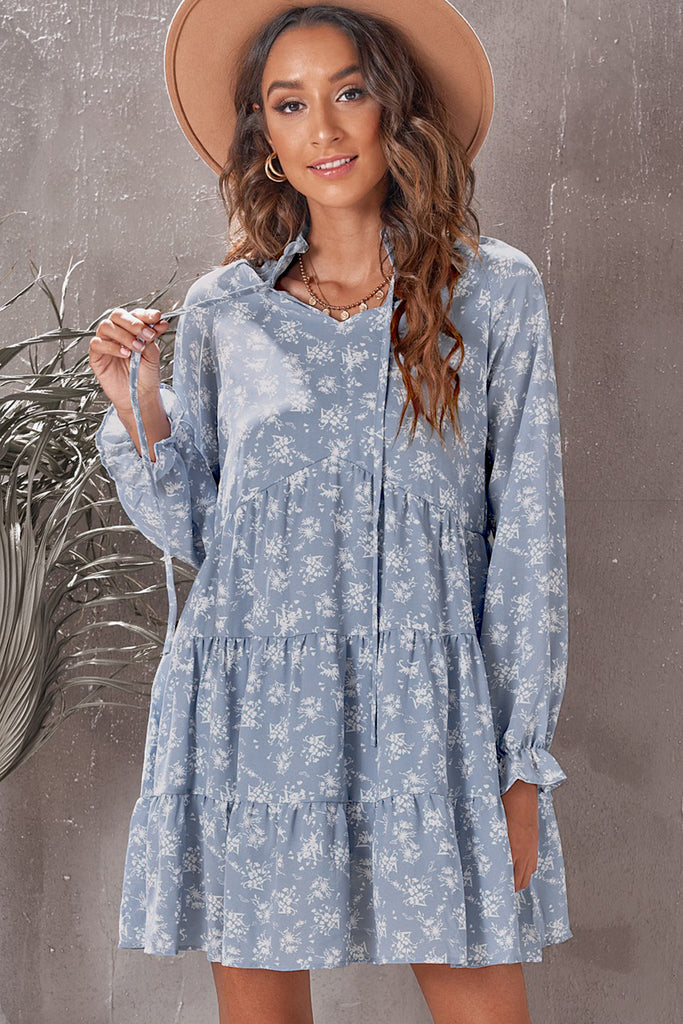 Floral Tie-Neck Flounce Sleeve Tiered Babydoll Dress