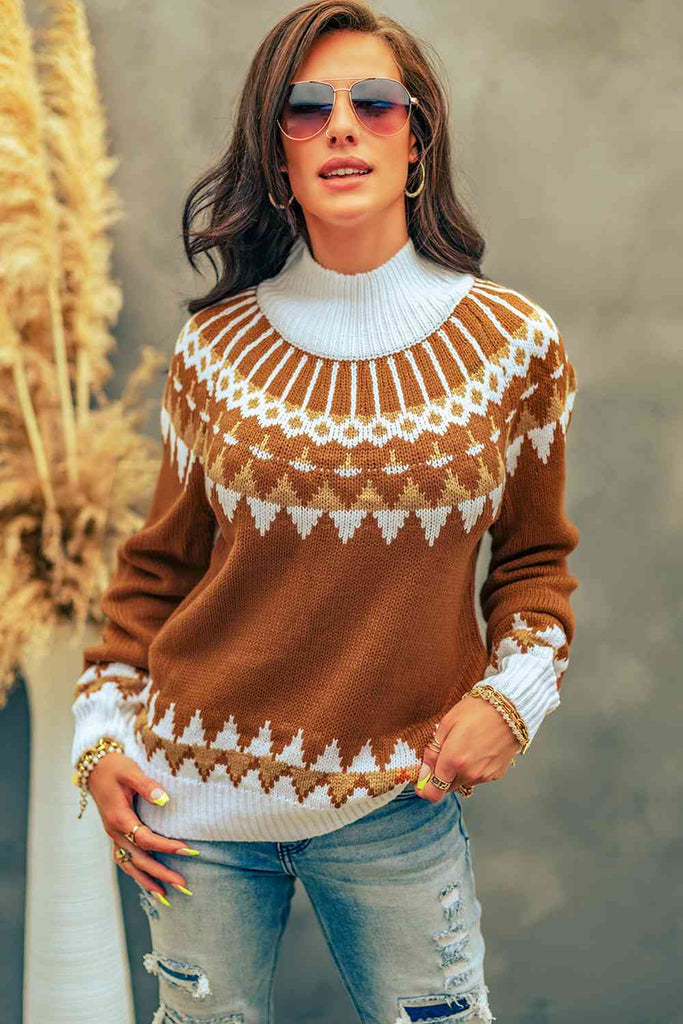 Geometric Mock Neck Long Sleeve Sweater