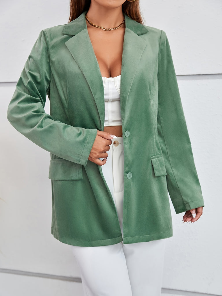 Solid Long Sleeve Casual Blazer Work Office Coat, Lapel Slim Pocket Velvet Coat, Women's Clothing