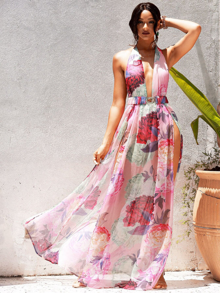 Floral Halter Neck Backless Split Dress – La Boutique Dacula