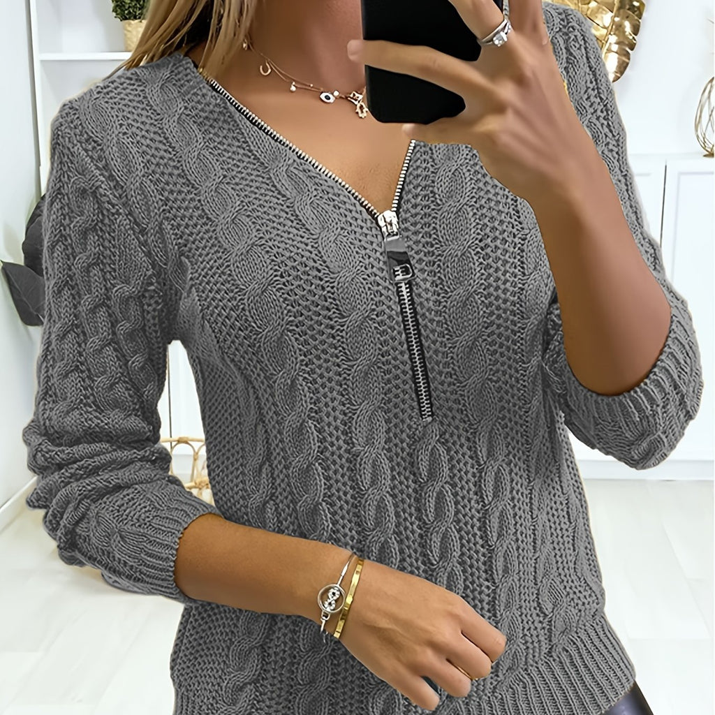Solid V-neck Zip Up Sweater, Casual Long Sleeve Sweater, Casual Tops For Fall & Winter, Women's Clothing