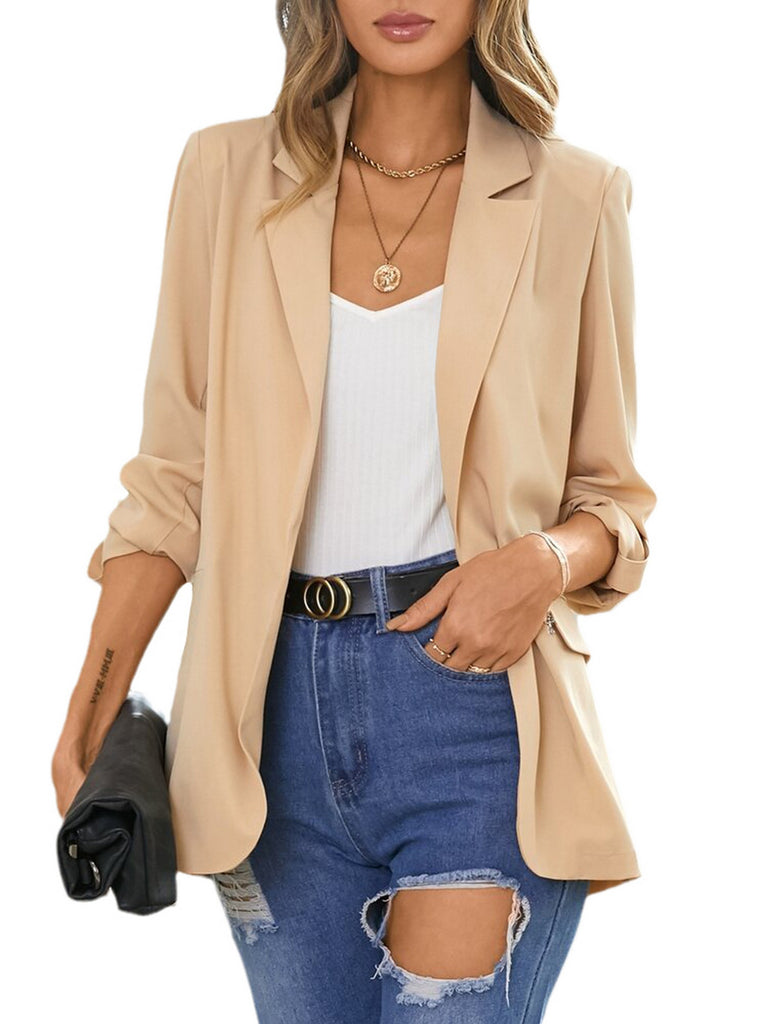 Casual Pocket Blazer Coat, V-neck Long Sleeve Fashion Loose Work Office Blazer Outerwear, Women's Clothing