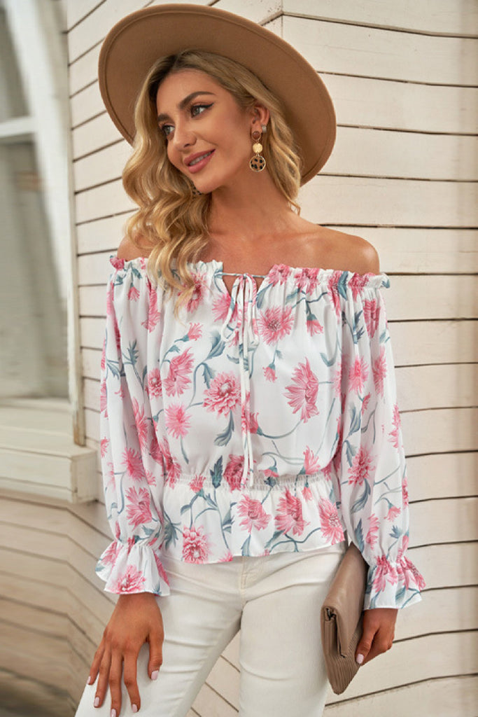 Off Shoulder Ruffle Hem Tie Neck Top