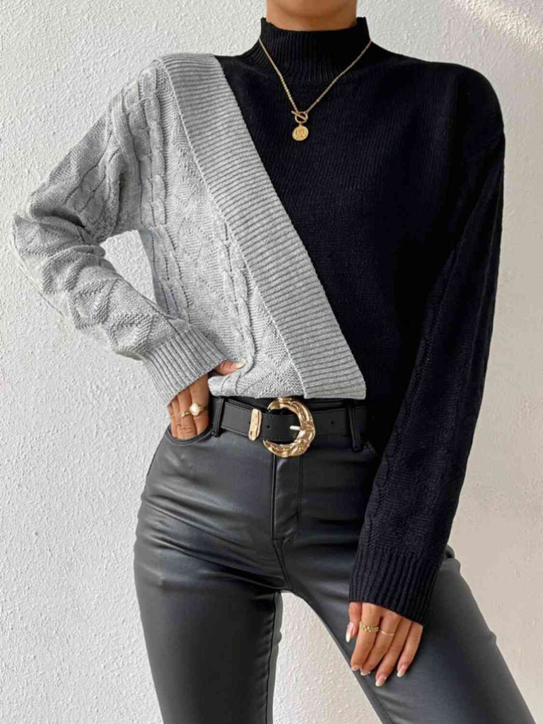 Contrast Mock Neck Cable-Knit Sweater