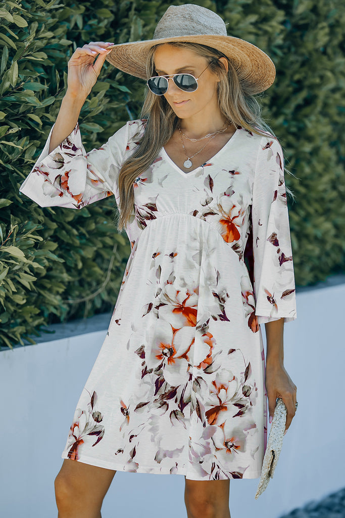 Floral V-Neck Three-Quarter Sleeve Mini Dress