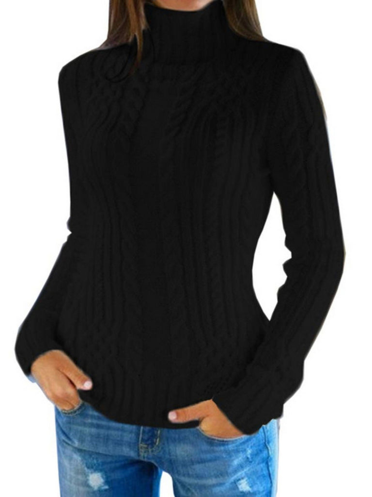 Women's Turtleneck Twist Knitted Sweater Solid Long Sleeve High Neck Knit Sweater