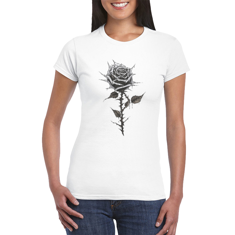 Women's Rose Print Graphic Design Black White Semi-Fitted Organic Cotton T-Shirt