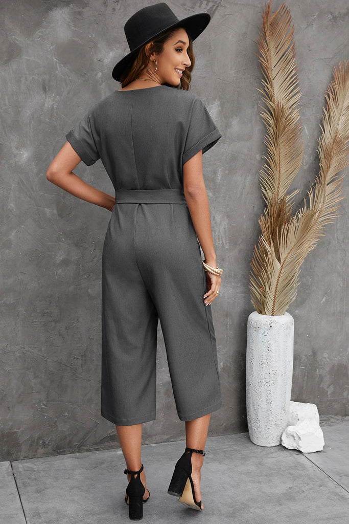 Button Front Belted Cropped Jumpsuit with Pockets – La Boutique Dacula