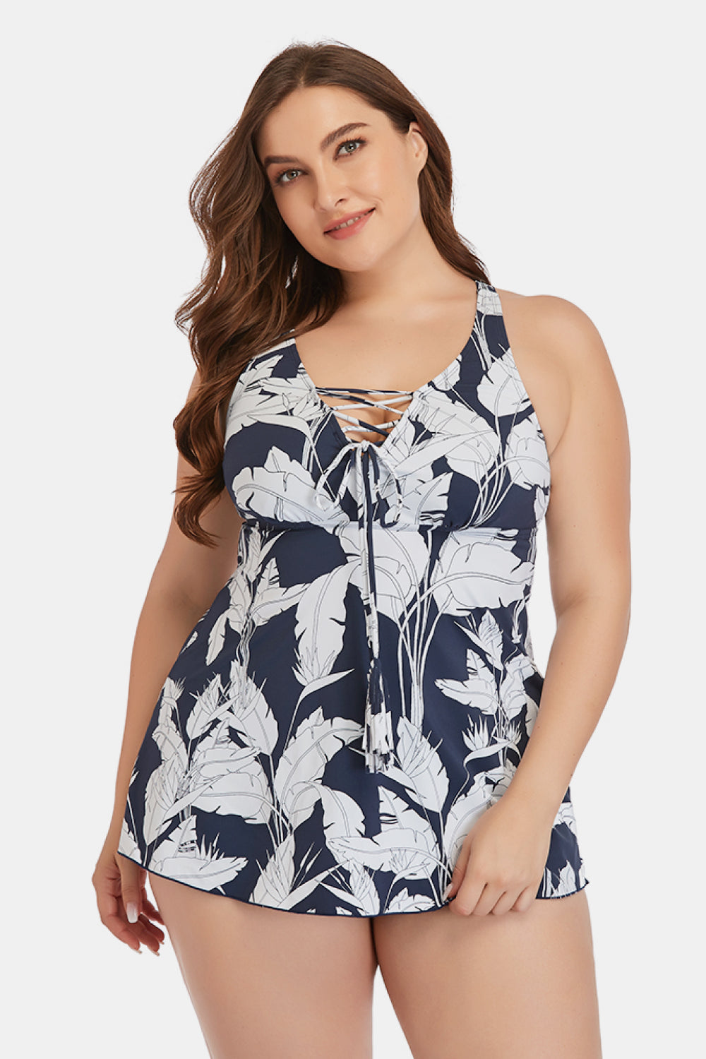 Plus Size Botanical Print Deep V Swim Dress and Bottoms Set