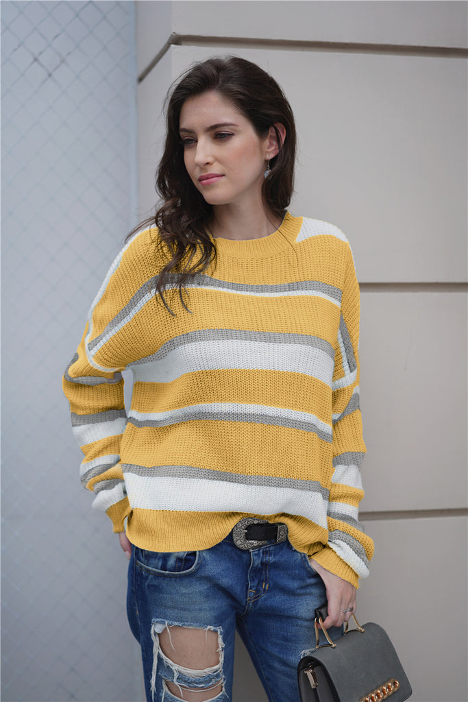 Striped Rib-Knit Round Neck Long Sleeve Sweater