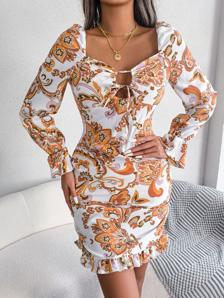 Printed Drawstring Ruffle Hem Dress