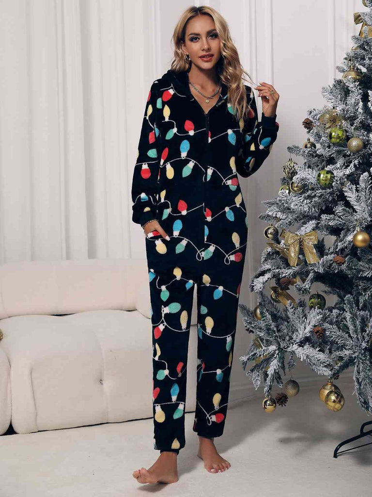 Zip Front Hooded Lounge Jumpsuit with Pockets