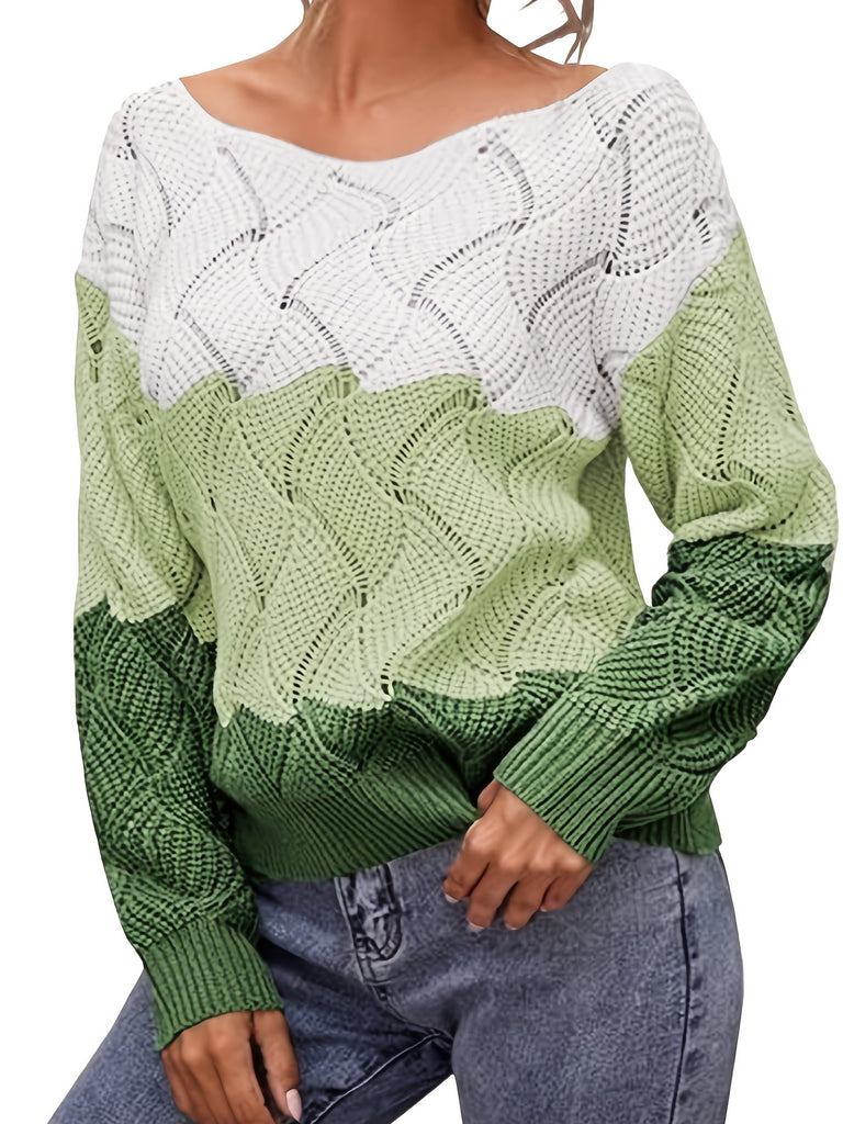 Woman's Sweater Stripe Color Block Long Sleeve Crewneck Loose Knitted Sweater