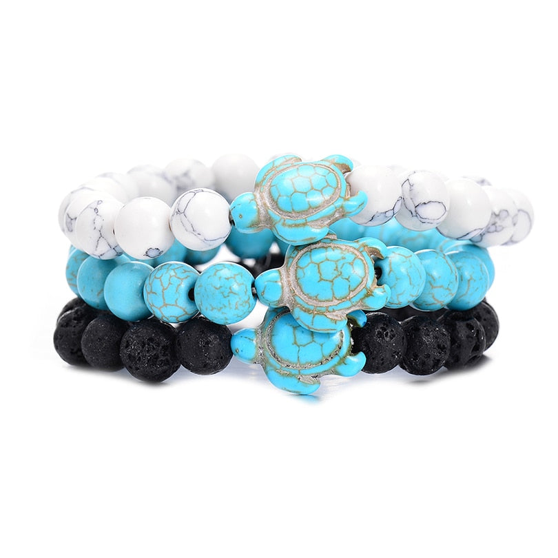 Summer Style Sea Turtle Beads Bracelets 8MM Blue Natural Stone Elastic